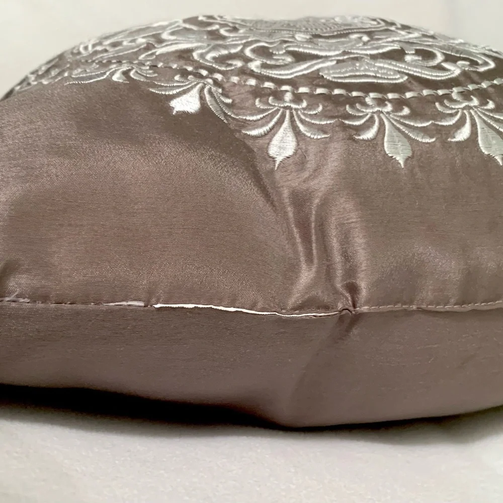 Embroidered Floral Fleur-De-Lis Medallion Pattern on Taupe Jacquard Throw Pillow